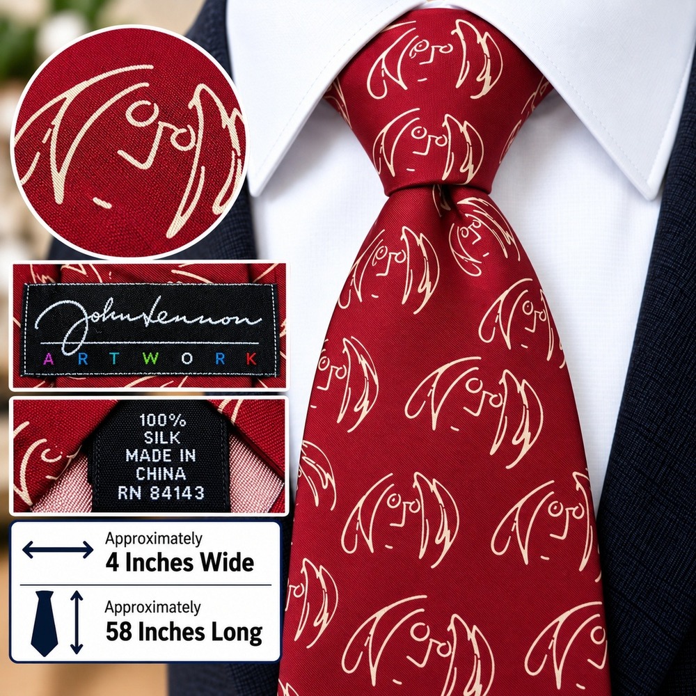 John Lennon Artwork Mens Silk Tie Red Self Portrait Sketch Beatles Hand Made